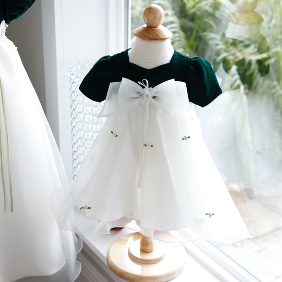 Baby Girl's Dress Green Velvet Ivory Chiffon Size 6-9 Months Special Occasion - Picture 5 of 6